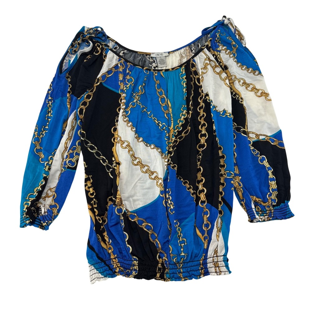 Cache Women Blue Black Chain Link Scarf Print Cold Shoulder Smocked Waist Top S